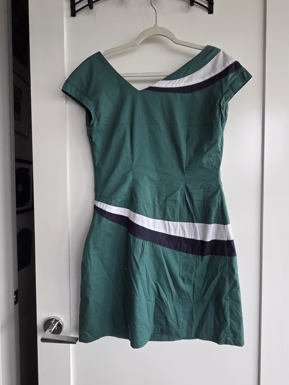 Skunkfunk Green Asymmetrical.Dress with White & Navy Stripes